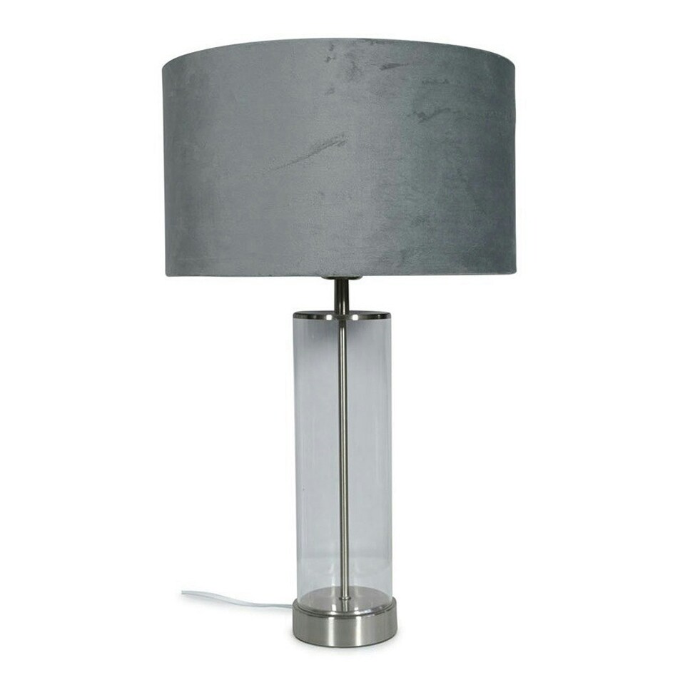 image 1 of ValueLights Clear Tube and Brushed Chrome Metal Bedside Table Lamp with a Grey Velvet Shade - LED Bulb Included