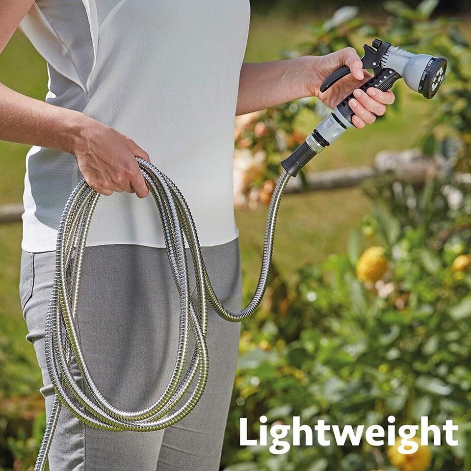 image 1 of Easy Hose Stainless Steel Garden Water Hosepipe Rust Proof & Tangle Free with Hand Held Spray Nozzle (75ft) | Silver