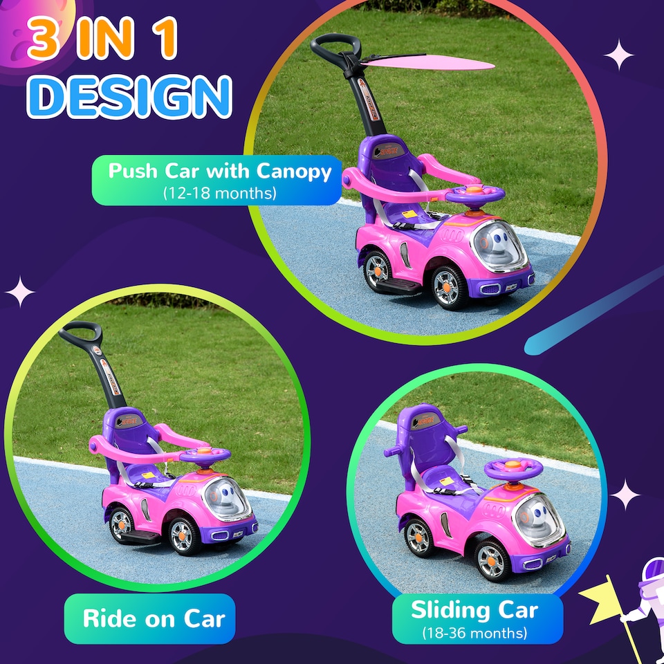 image 1 of AIYAPLAY 3 in 1 Ride on Push Car, Cartoon Robot Theme Foot to Floor Slider, Baby Push Along Car with Parent Handle, Light Music Horn, Underneath Storage, for Boys Girls 12-36 Months - Pink