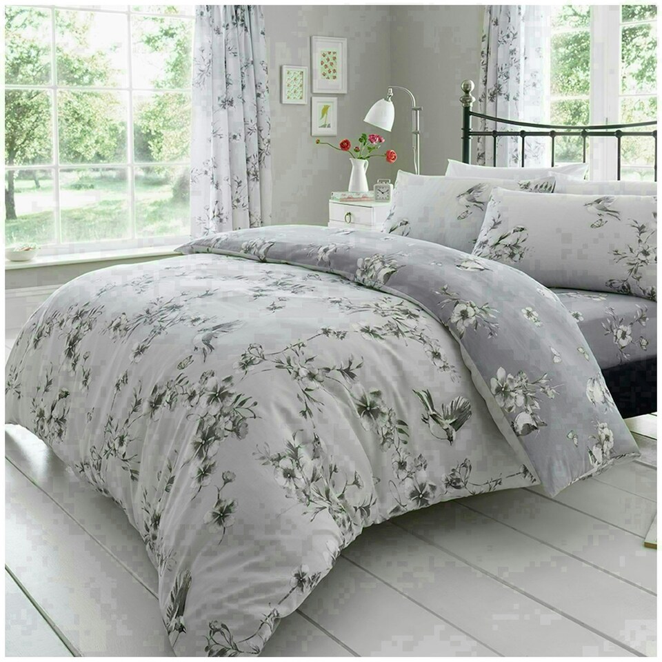 image 1 of VELVETIO Birdie Blossom Printed Duvet Cover Set Reversible Polycotton Beddings Grey | Double
