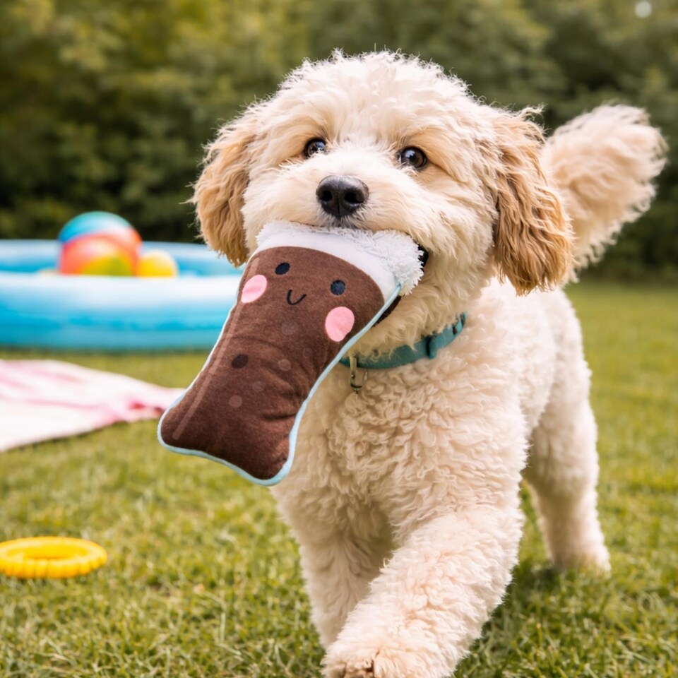 image 1 of Squeaky Plush Dog Toy Summer Brown Stout Drinks Design Pet Puppy Chew Fetch