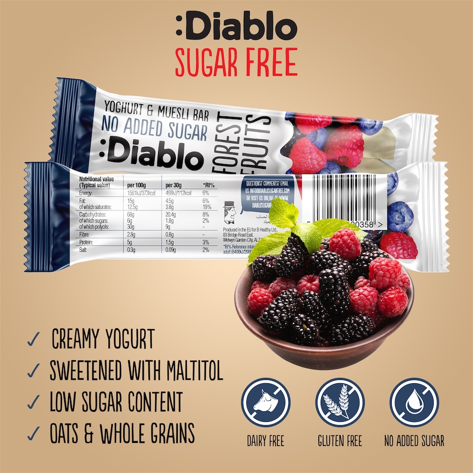 image 1 of Diablo No Added Sugar Yoghurt and Forest Fruits Muesli Bar 30g 6 Pack