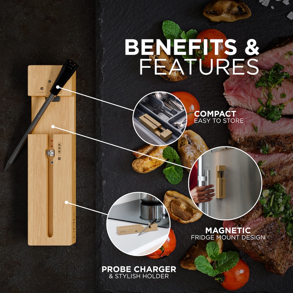 image 1 of DMD Wireless Meat Thermometer with Temperature Alarm, 100m Long Bluetooth Range,