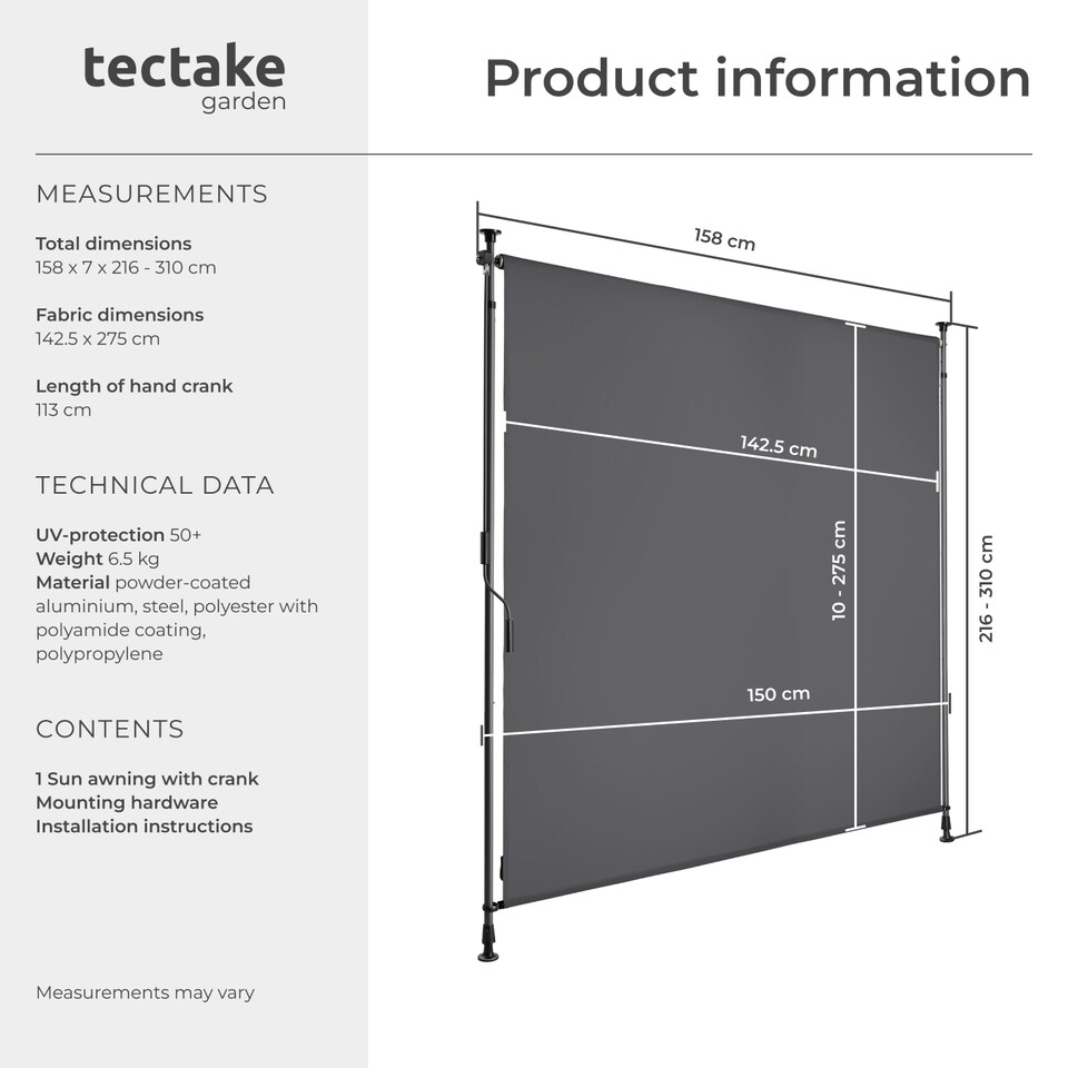 image 1 of Retractable Awning Taija - tooless installation, with hand crank, retractable and UV blocking | Grey | dark grey | 150 x 310 cm | 1