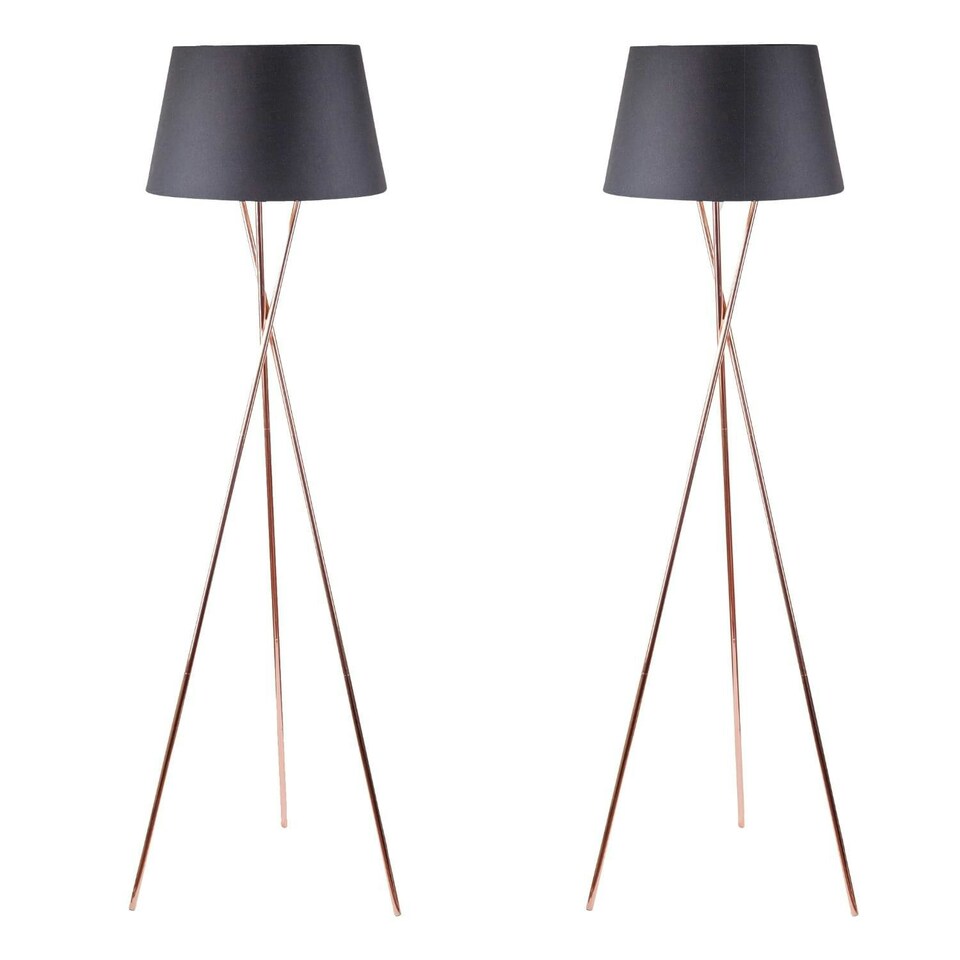image 1 of First Choice Lighting Pair Copper Tripod Floor Lamp with Black Fabric Shade Copper | Black