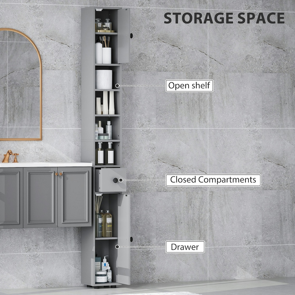 image 1 of kleankin Slim Bathroom Cabinet w/ Open Shelves and 2 Door Cupboards, Grey Grey