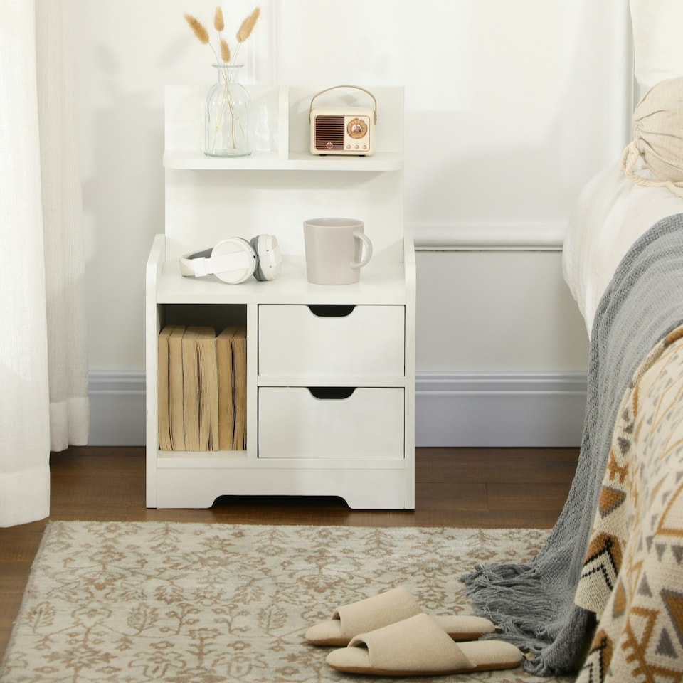 image 1 of HOMCOM Modern Bedside Table w/2 Drawer and Storage Shelves Chest for Bedroom