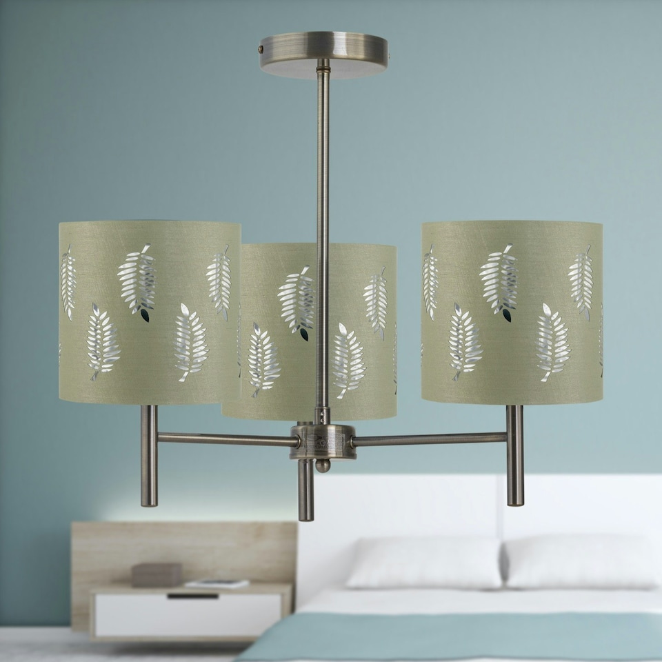 image 1 of Brea - Antique Brass 3 Light Fitting with Sage Green Fern Shades Bronze | Green