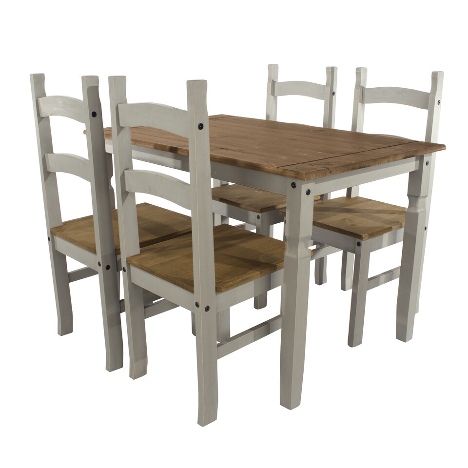 image 1 of Premium Corona Rectangular Dining Set with Table and 4 Chairs in Grey or Brown Waxed Pine - Solid Wood | Grey | Grey | 1