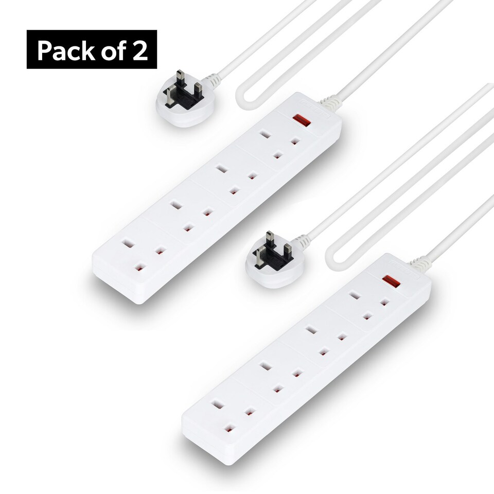 GEEPAS 4 Gang Extension Lead, 2M Cable | White Pack of 2