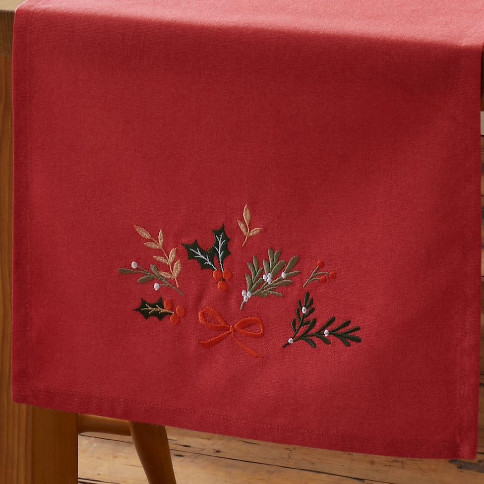 image 1 of Catherine Lansfield Christmas Holly Stripe Cotton Dining Table Runner