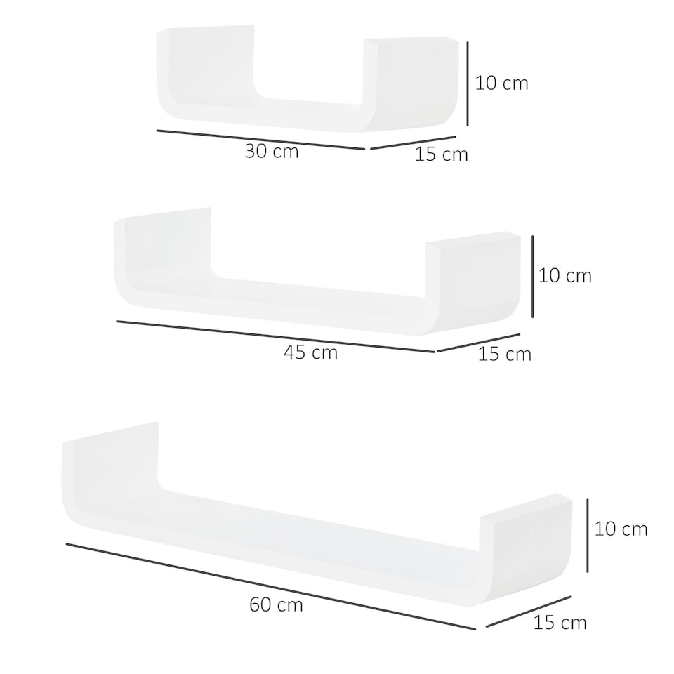 image 1 of HOMCOM U Shaped Shelf Set Floating Wall Mounted White Hanging 3pc Display
