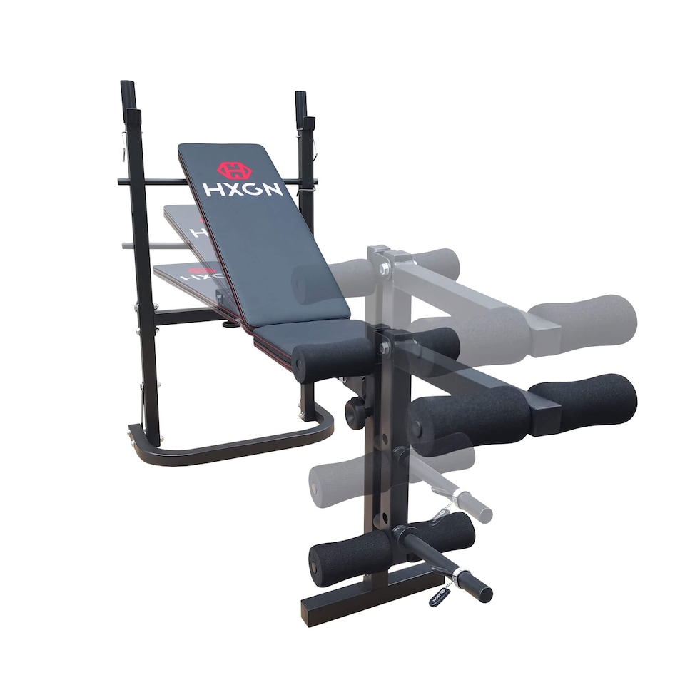 image 1 of HXGN Adjustable Barbell Bench with Leg Developer, Folding 4-Position Incline, 6 Foam Rollers (18 kg) | Black | RED | 18.0KILOGRAMS