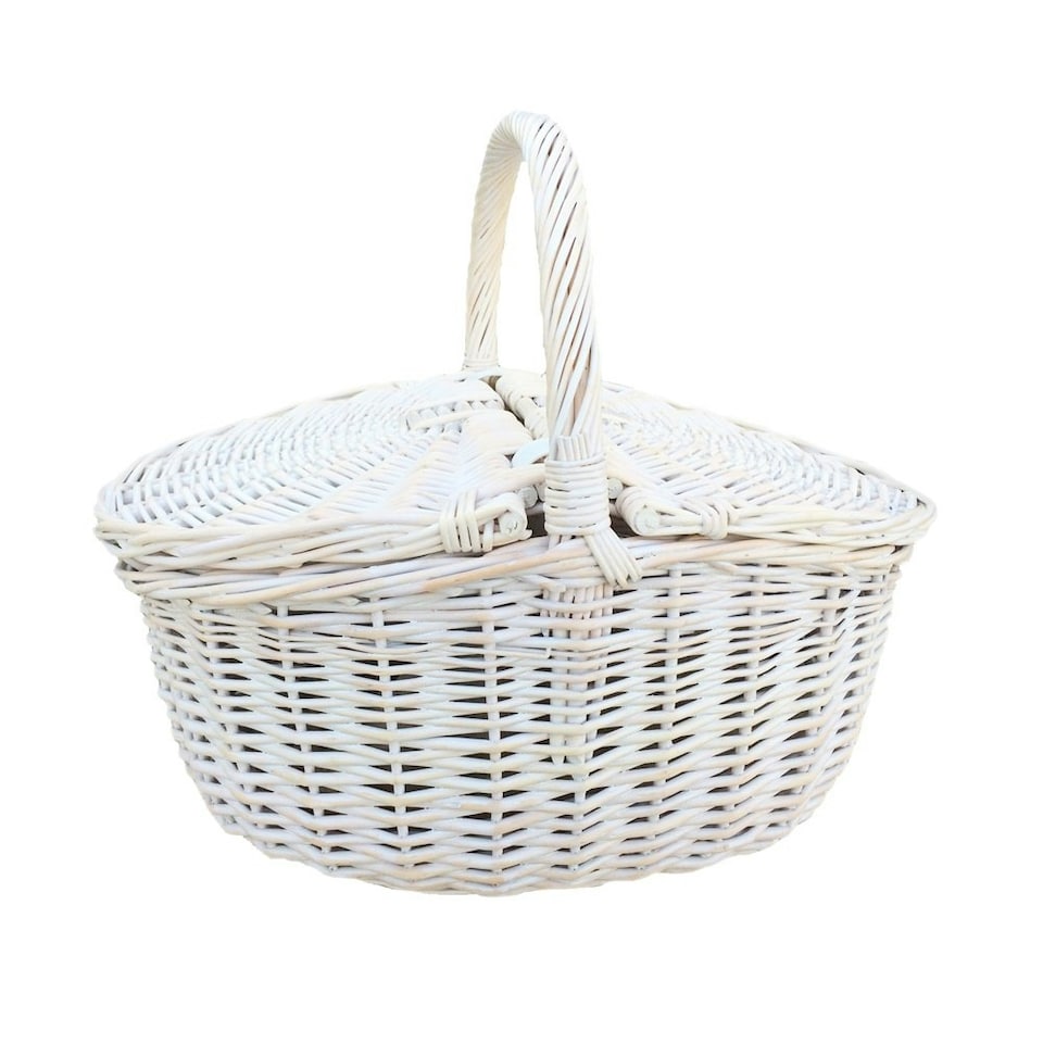 image 1 of White Wash Finish Oval Wicker Basket with Lining White | White | One Size