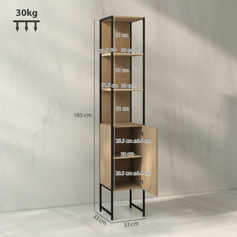 image 1 of HOMCOM Tall Bathroom Cabinet with 3 Open Shelves Adjustable Shelf, Natural | Brown | Black | 33 x 33 x 185 cm