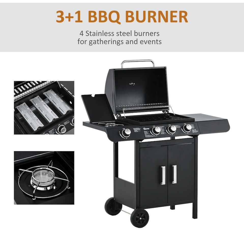image 1 of Outsunny Deluxe Gas Barbecue Grill 3+1 Burner Garden BBQ w/ Large Cooking Area