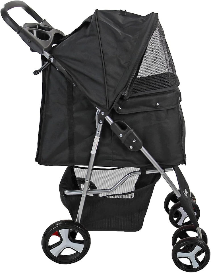 image 1 of Pet Stroller Dog Cat Puppy Pram Pushchair Travel Cart Jogging Buggy Carrier (Black with Cover)