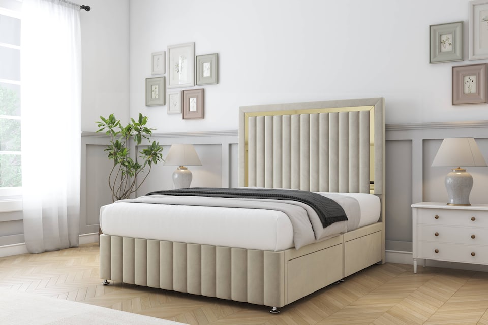 image 1 of Sloomy Boston Gold Cream Plush Divan Bed Base 2 Drawers Right Side With 54 Inch Floor Standing Headboard & 12 Inch Matching Footboard | Cream | Cream | Single | 1