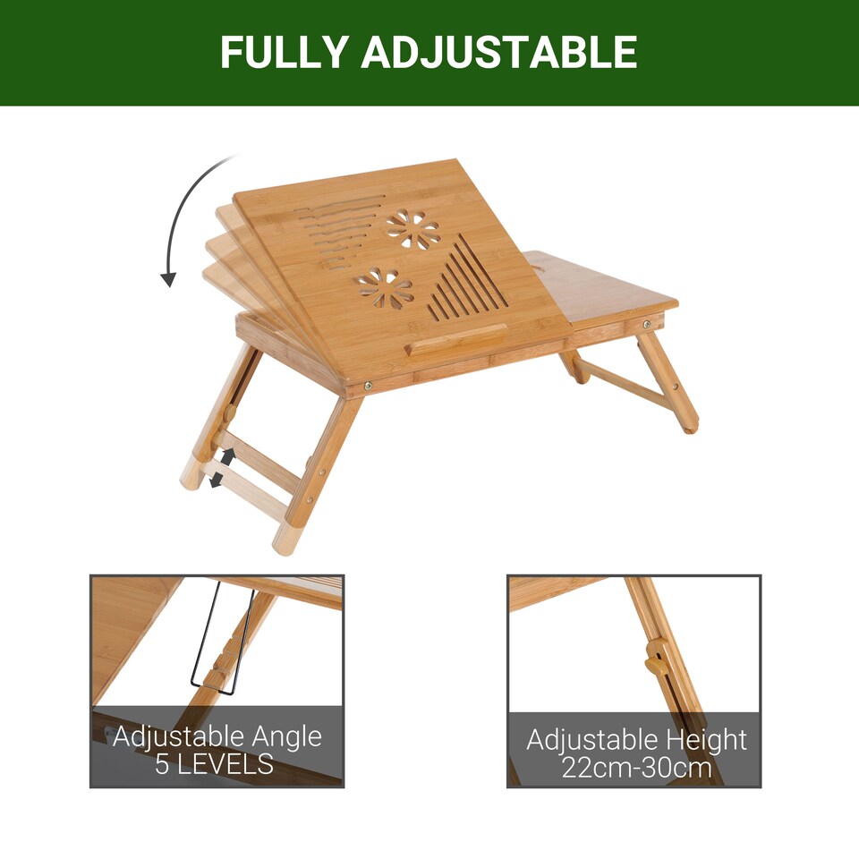 image 1 of HOMCOM Portable Laptop Desk Notebook Tray PC Bed Table Drawer Adjustable Bamboo