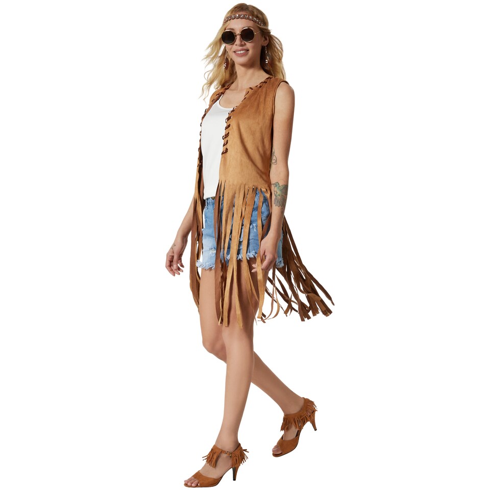 image 1 of Womens Fancy Dress Costume - Hippie Waistcoat and Accessories | Brown | brown | 1
