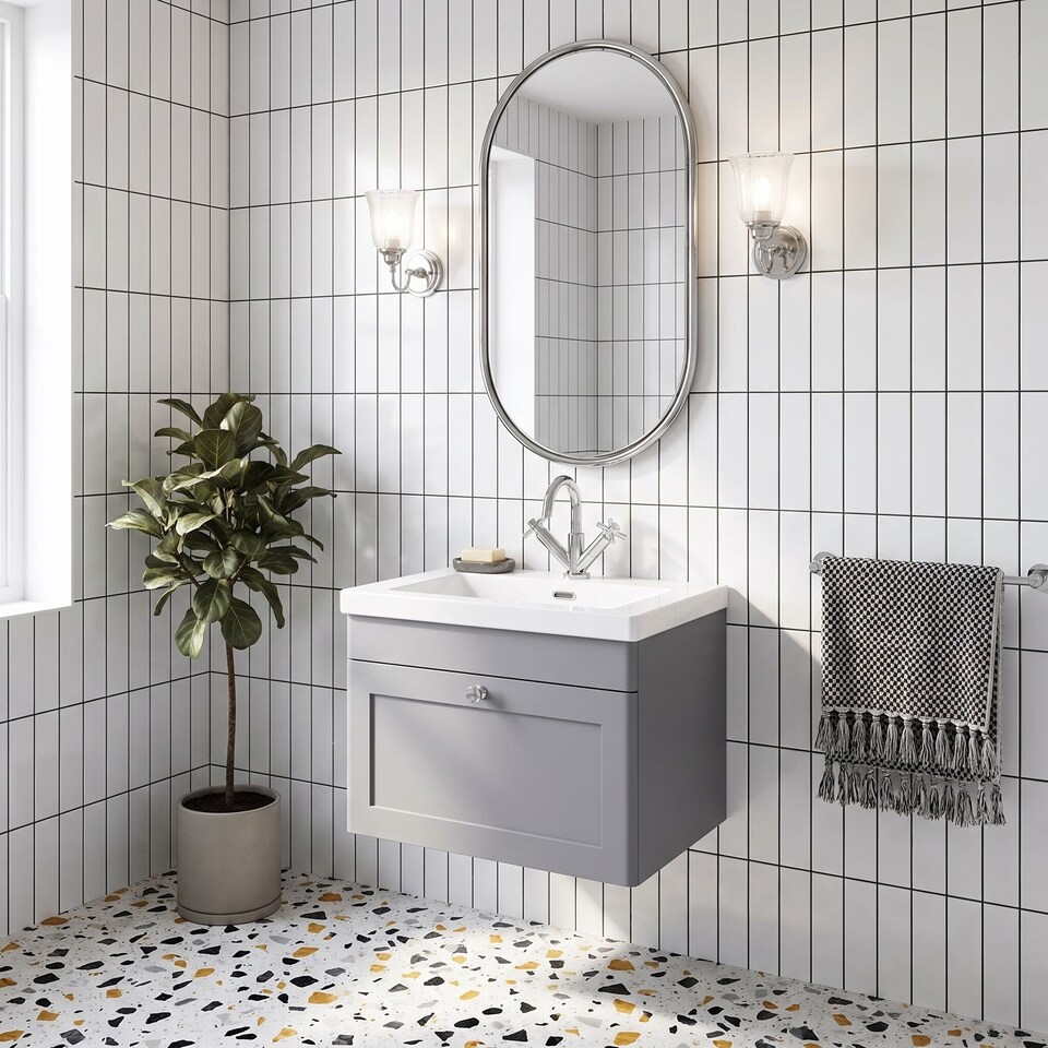 image 1 of Balterley Swynnerton Traditional 1 Drawer Wall Hung Vanity Unit with Fireclay Basin, Satin Grey, 600mm