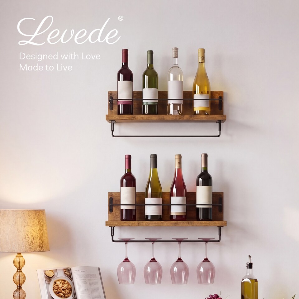 image 1 of Levede Wall Wine Rack With Glass Holder Floating Wine Shelf Home Bar Storage 2PC