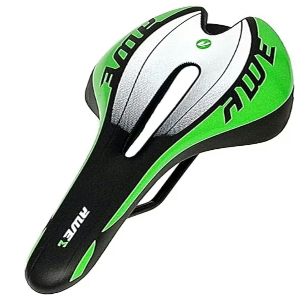 image 1 of AWE Adult Unisex MTB/Race Bike Green/Black/White Gel Saddle With Chromo Rails