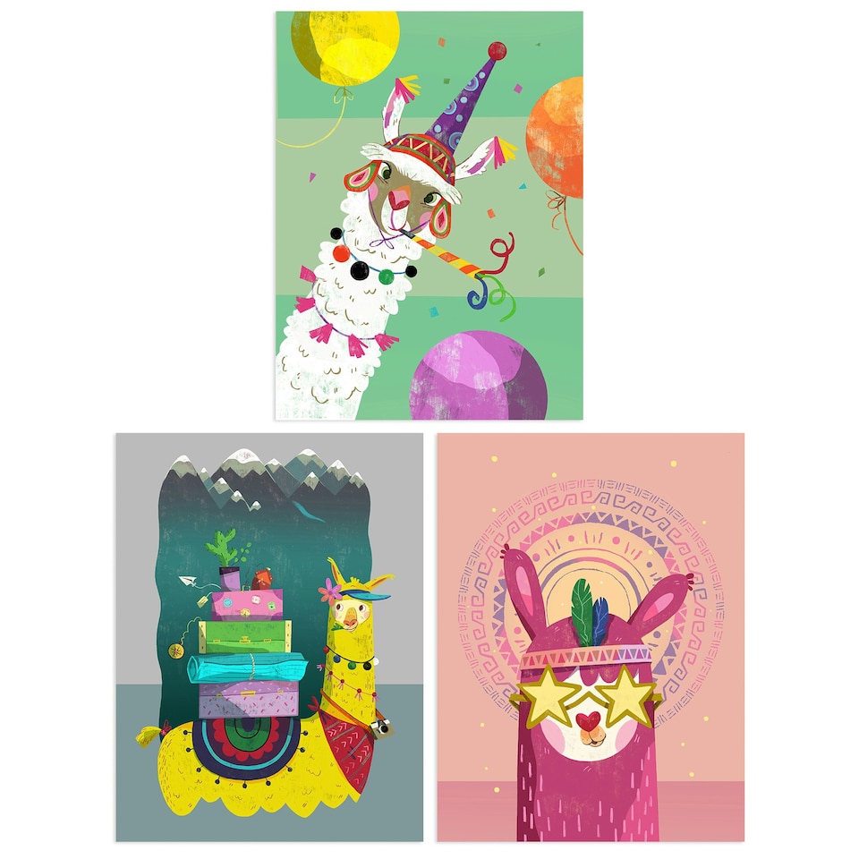 image 1 of Set of 3 Girl Kids Bedroom Llama Cool White Yellow Pink Camping Party Wall Art Print A4