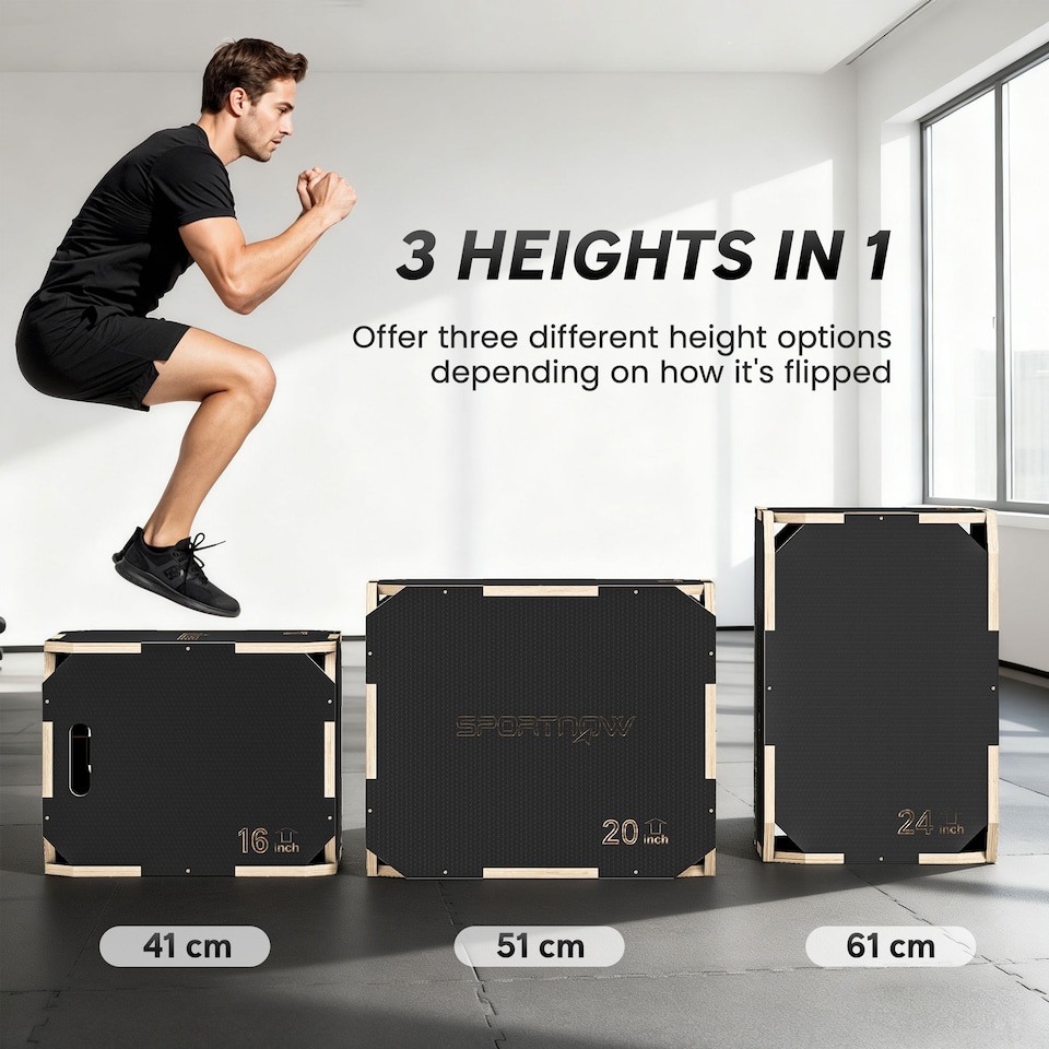 image 1 of SPORTNOW 3 in 1 Wooden Plyo Box, Corner-free Non-Slip Plyometric Jump Box Step Up Platform with Handle Openings for Home Gym Exercise and Outdoor Workout,  41 x 61 x 51 cm