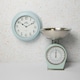 image 2 of 2pc Vintage Blue Kitchenware Set with Wall Clock and Mechanical Weighing Scales