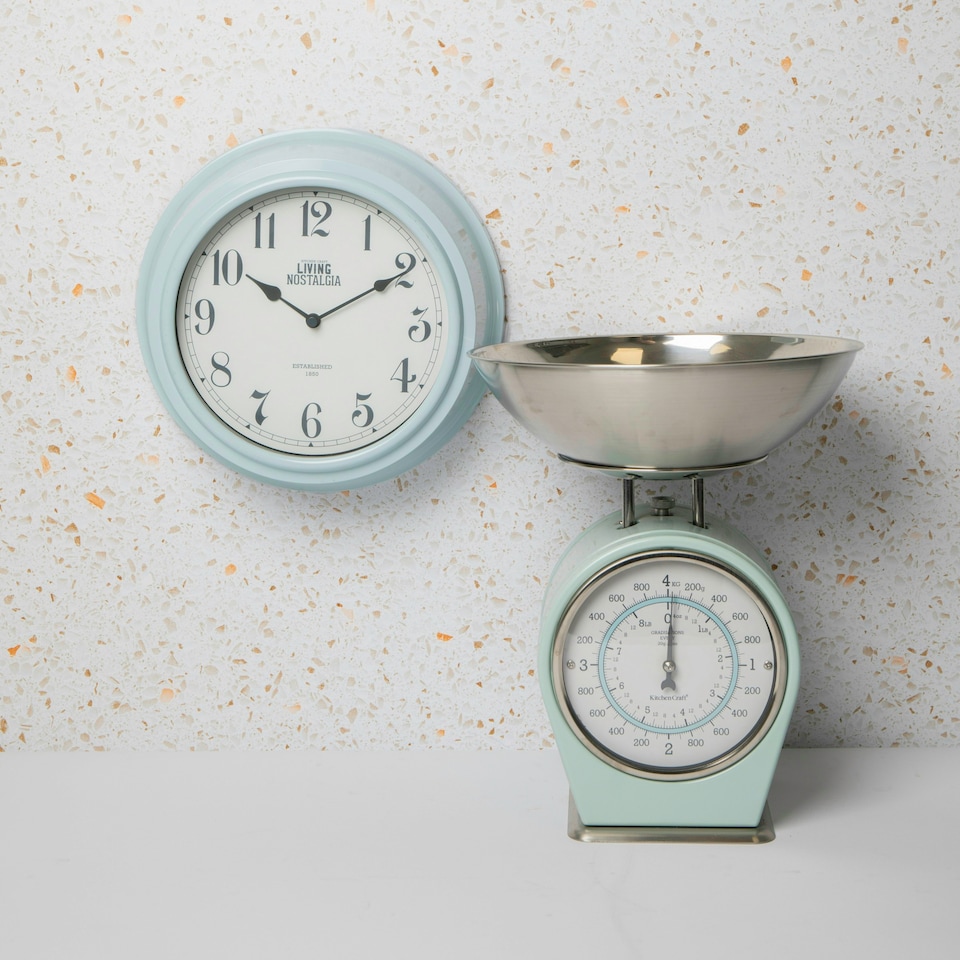 image 1 of 2pc Vintage Blue Kitchenware Set with Wall Clock and Mechanical Weighing Scales