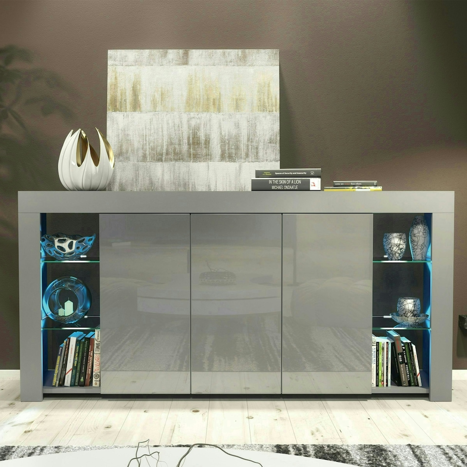 image 1 of Grey Sideboard 164cm Gloss Doors Free LED Modern Storage Cabinet | Grey