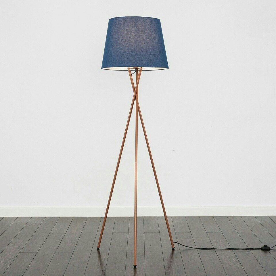 image 1 of ValueLights Camden Copper Tripod Floor Lamp Navy Taper Shade & Bulb Blue