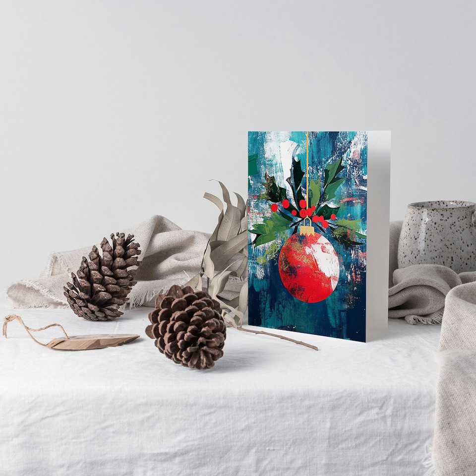 image 1 of Single Hanging Red Bauble Ornament Holly Painting Blank For Him Or Her Art Christmas Card
