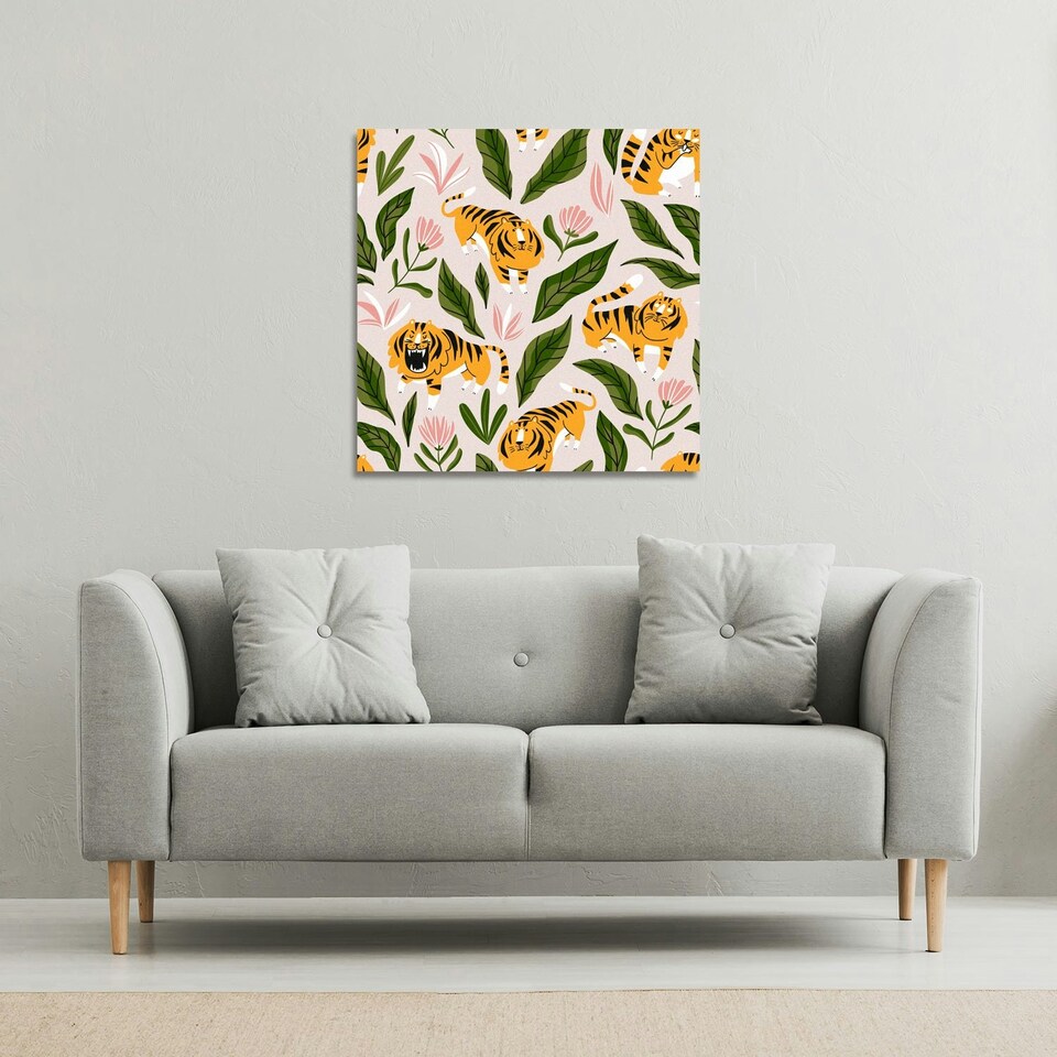image 1 of cute tigers and tropical leaves and flowers (Canvas Print) 77 x 77 x 4cm