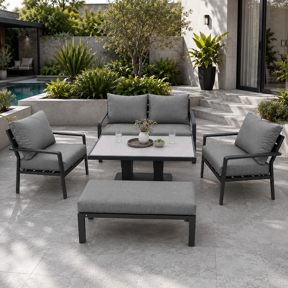 image 1 of 4 Seater 5 Piece Aluminium Garden Sofa Dining Set with Gas Lift Table, Ottoman Bench & Grey Cushions