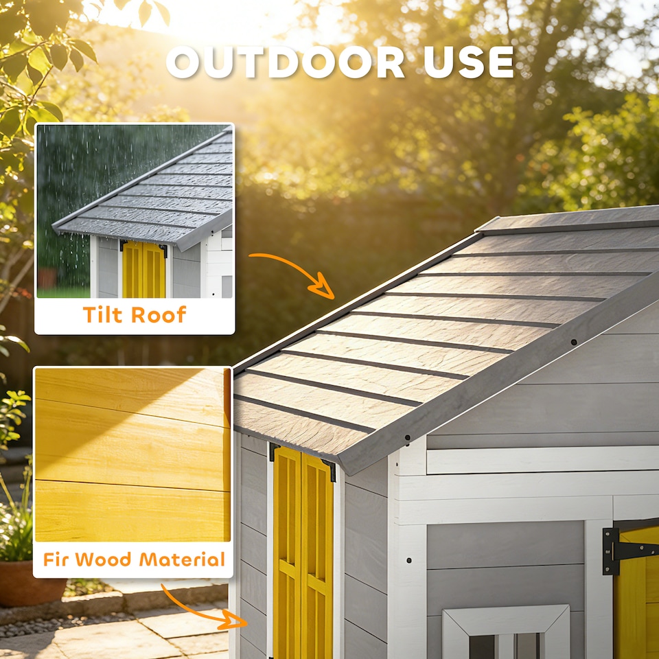 image 1 of Outsunny Wooden Playhouse with Doors, Windows, Plant Pots for Kids - Grey