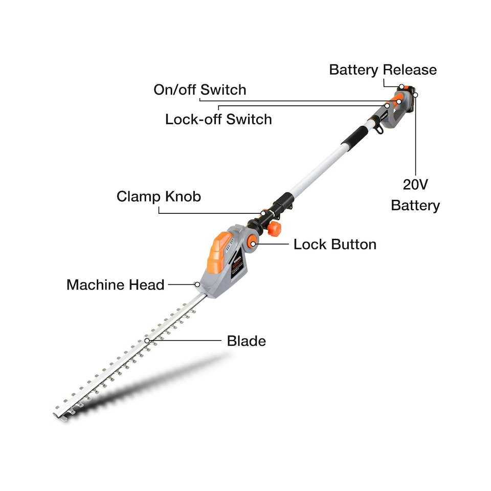 image 1 of Terratek 20V 2.4m Cordless Telescopic Long Reach Hedge Trimmer 1 Battery | Grey | Grey | 1