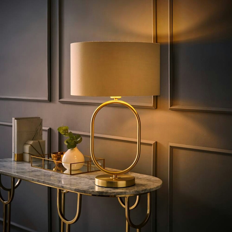 image 1 of ValueLights Antonia Beige with Metallic Gold Inner Drum Shade Brushed Gold Oval Table Lamp Gold