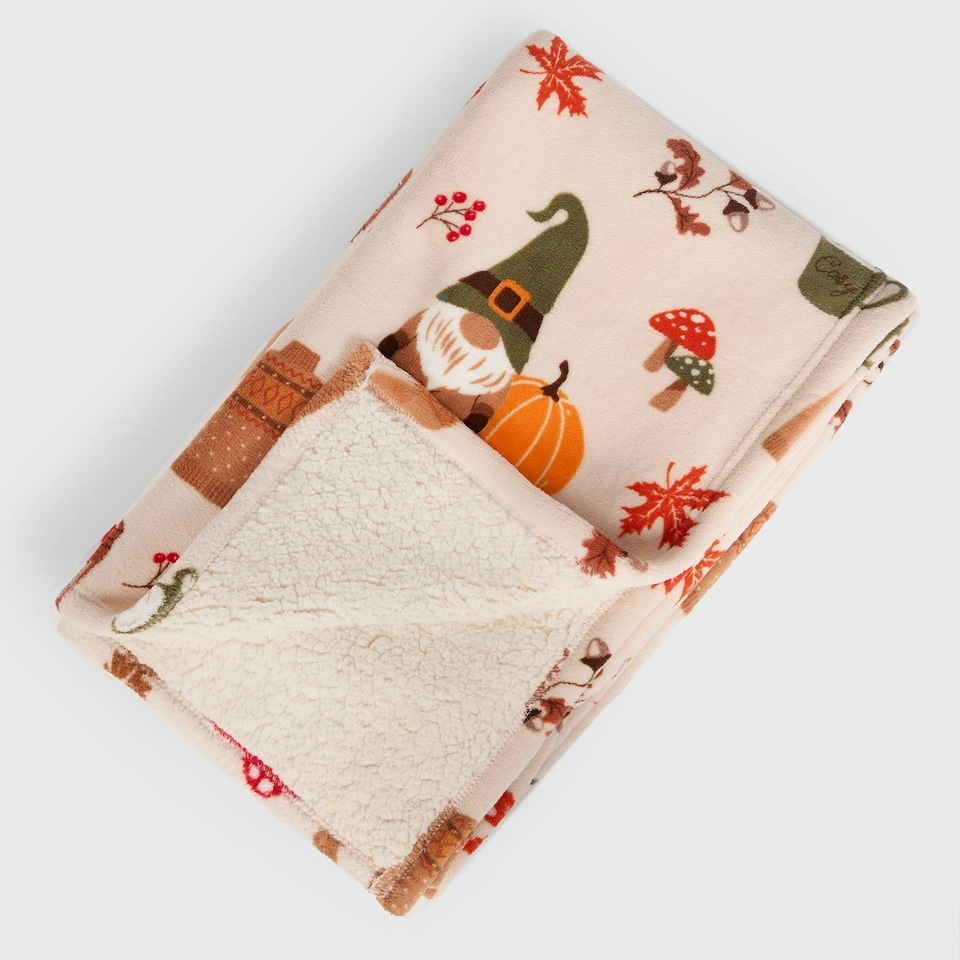image 1 of OHS Autumnal Gonk Printed Sherpa Fleece Reverse Blanket Throw 125x150cm - Natural