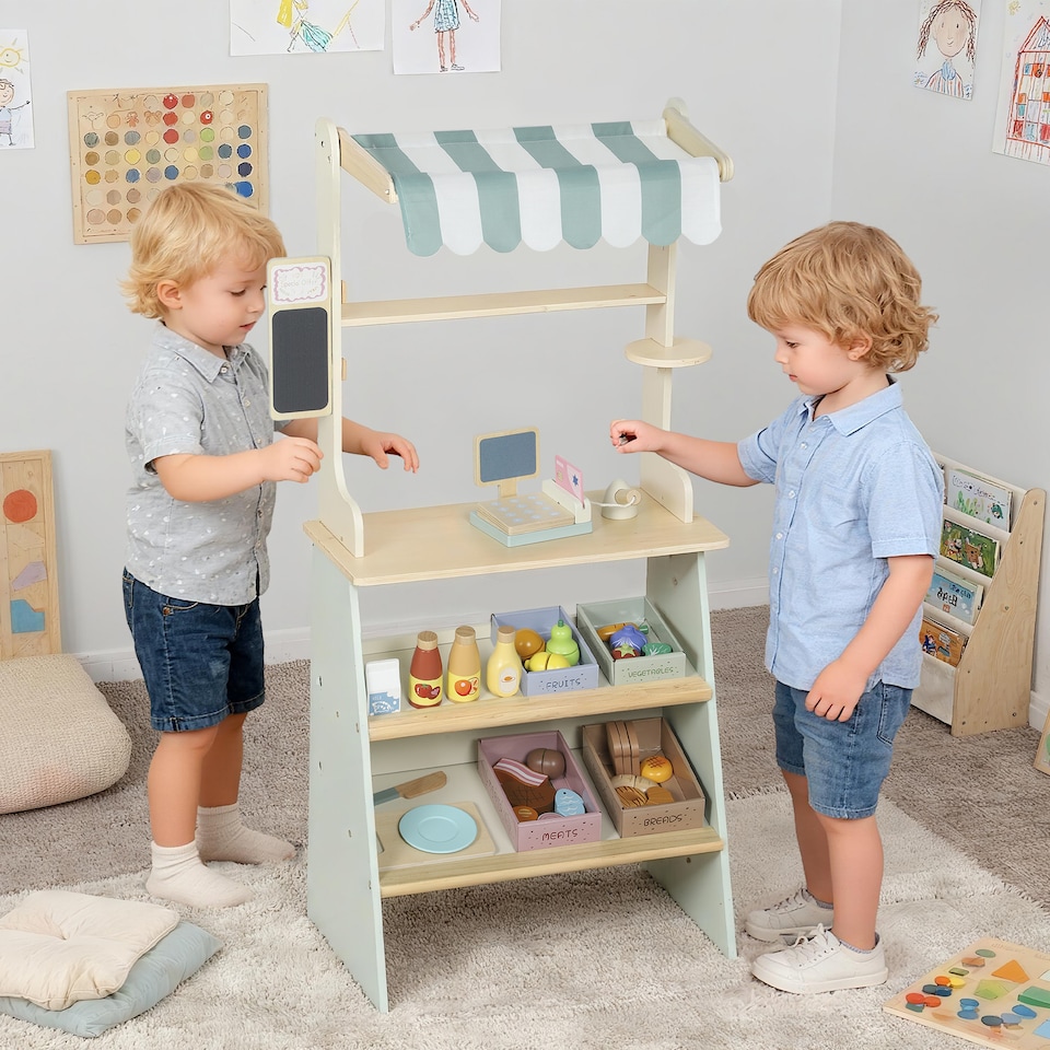 image 1 of AIYAPLAY Wooden Toy Shop, Supermarket Role Play with 34 Accessories, Green