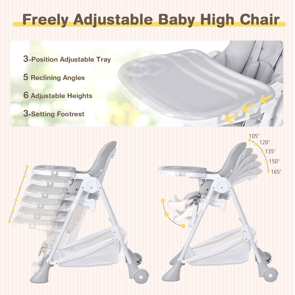 image 1 of COSTWAY Folding Baby High Chair Convertible Dining Chair Portable Highchair-Grey