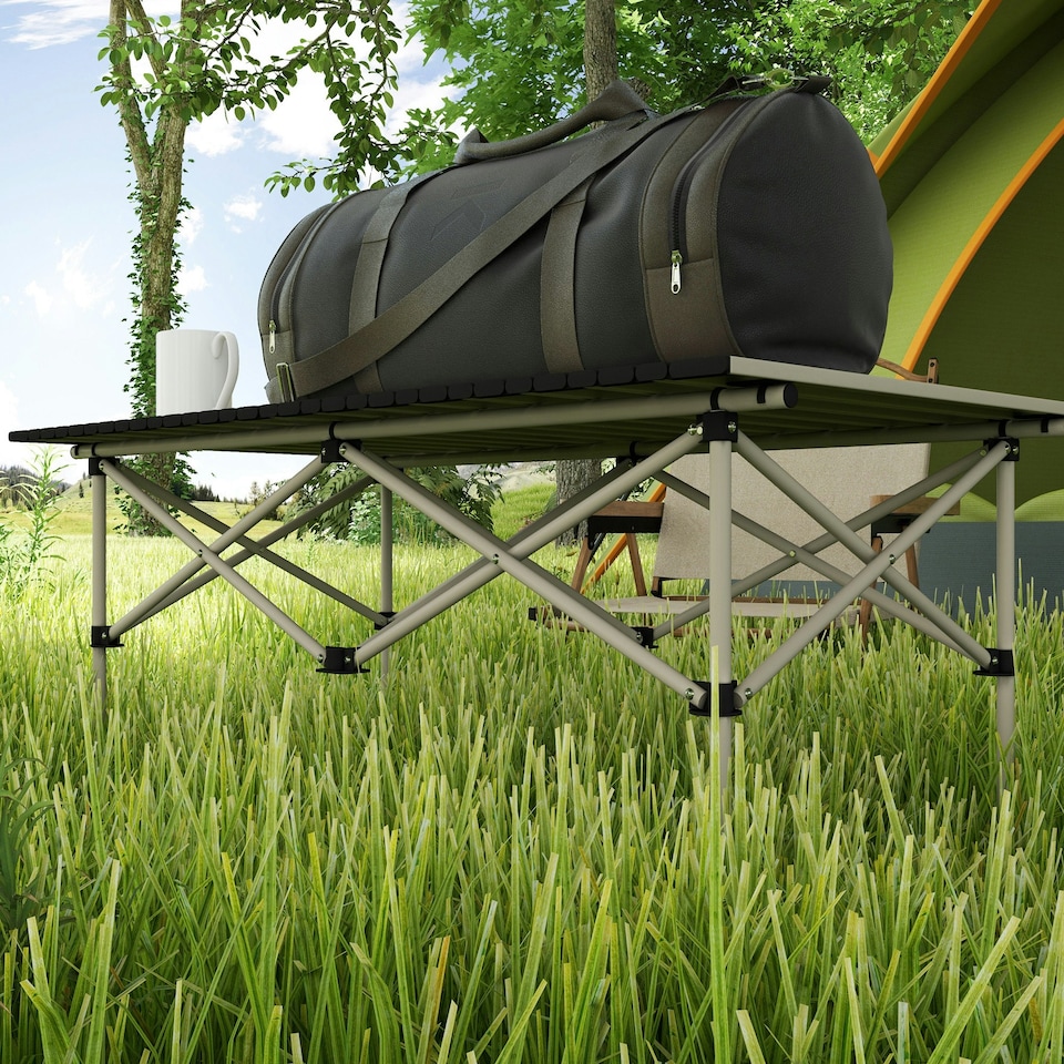 image 1 of Outsunny Portable Folding Camping Table w/ Roll Up Aluminium Top Carry Bag Khaki