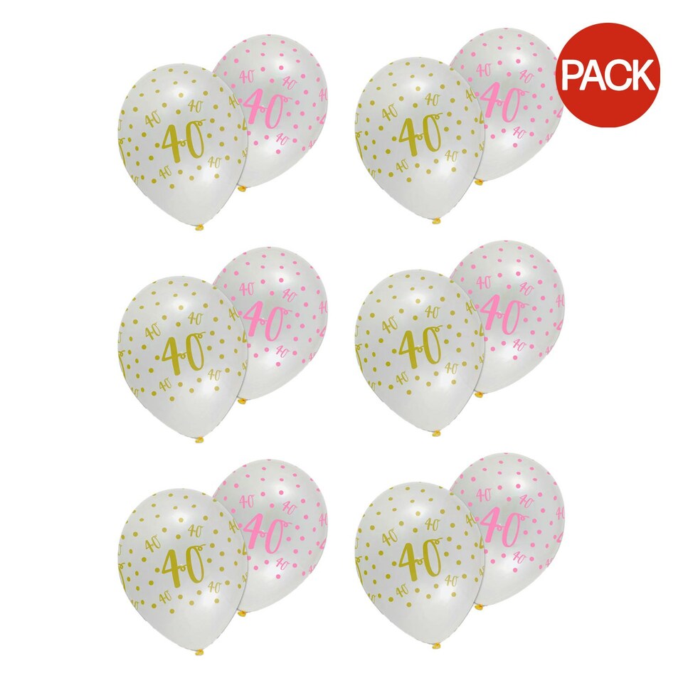 image 1 of Creative Party Latex 40th Birthday Balloons (Pack of 6) - White/Pink/Gold - One Size