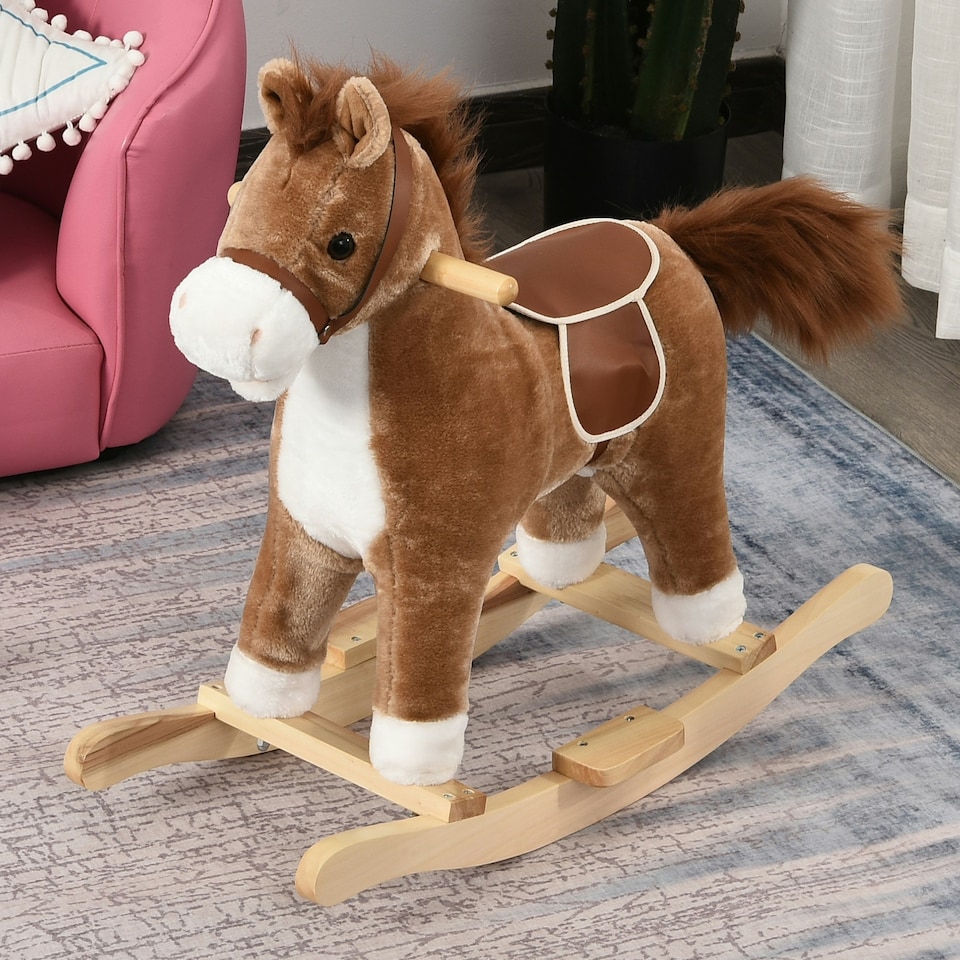 image 1 of HOMCOM Kids Plush Rocking Horse w/ Moving Mouth Tail Sounds 18-36 Months Brown