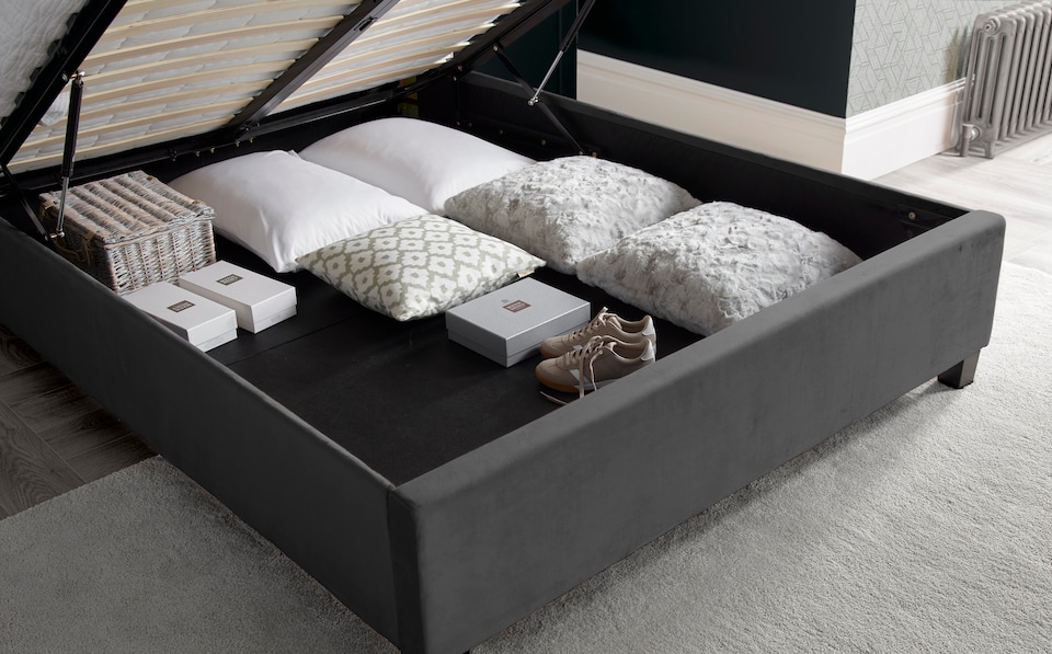 image 1 of Aurora Grey Velvet Ottoman Bed And Memory Maestro Memory Foam Mattress Double | Grey