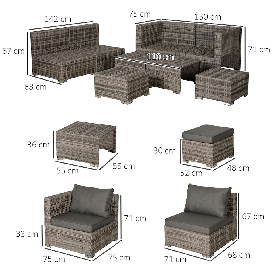 image 1 of Outsunny 8pc Outdoor Patio Furniture Set Weather Wicker Rattan Sofa Chair Grey