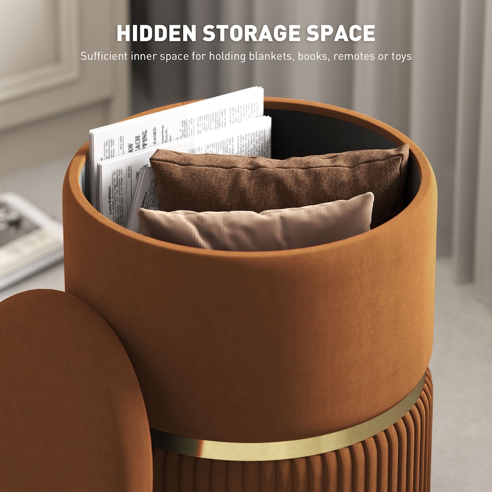 image 1 of HOMCOM Round Storage Stool, Velvet-feel Fabric Upholstered Vanity Stool with Removable Top, Padded Seat and Hidden Space for Living Room, Bedroom, Light Brown | Brown | Light Brown