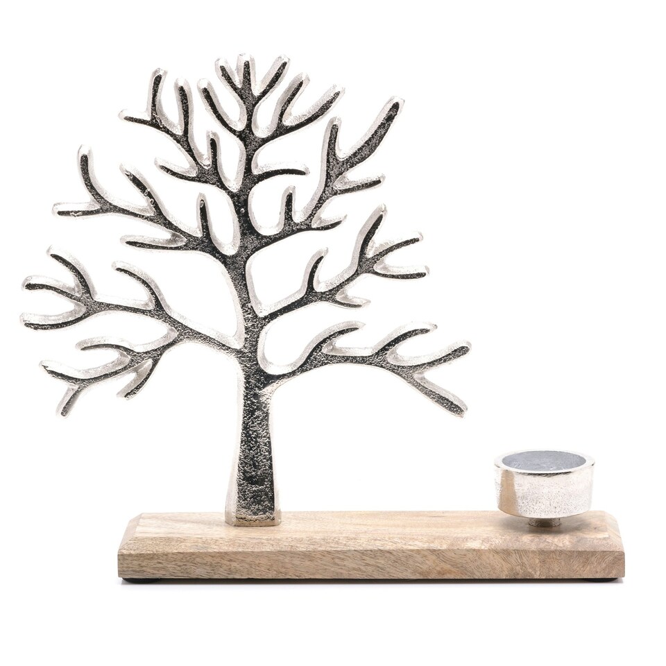 image 1 of Tree of Life Metal & Wood Tea Light Holder Silver