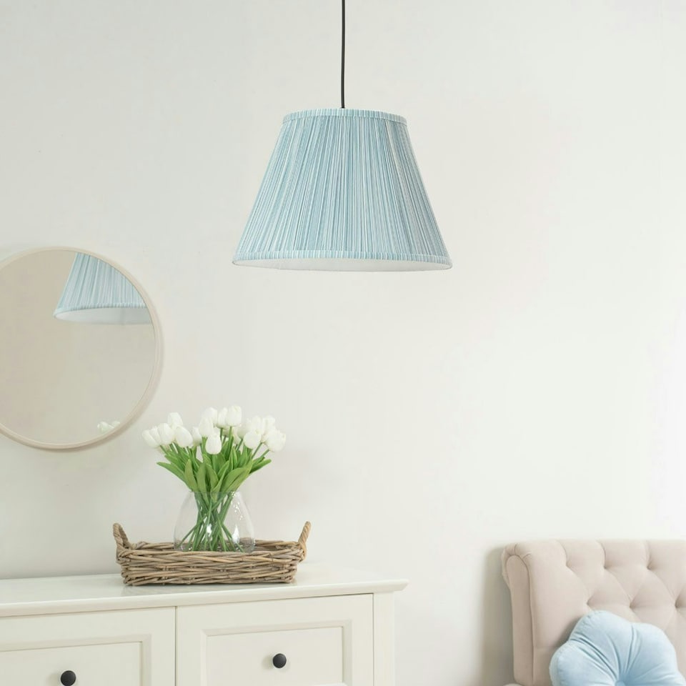 image 1 of ValueLights Laurenne Tapered Blue Pinstripe Fabric Pleated Easy Fit Large Lamp Shade & Bulb